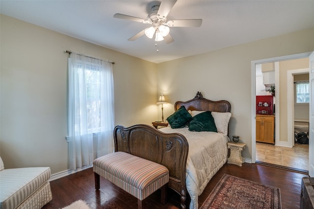 tiled bedroom with ceiling fan