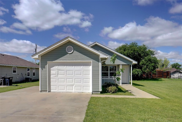 view of front of home featuring central air condition unit, a front yard, and a garage