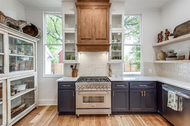 kitchen featuring tasteful backsplash, gray cabinets, light hardwood / wood-style floors, and stainless steel appliances