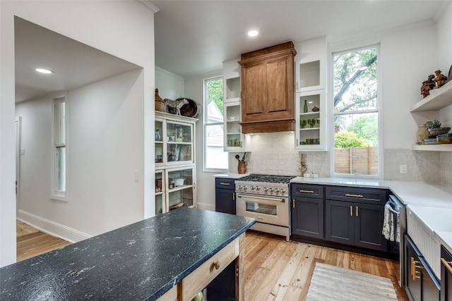 kitchen with tasteful backsplash, appliances with stainless steel finishes, dark stone counters, and light hardwood / wood-style flooring