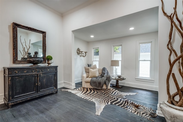 living area featuring ornamental molding and dark hardwood / wood-style flooring