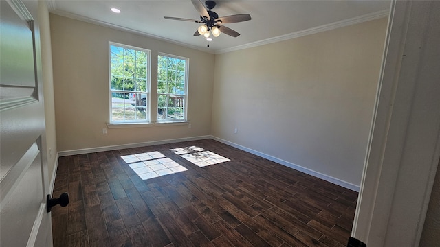 unfurnished room with crown molding, ceiling fan, and dark wood-type flooring