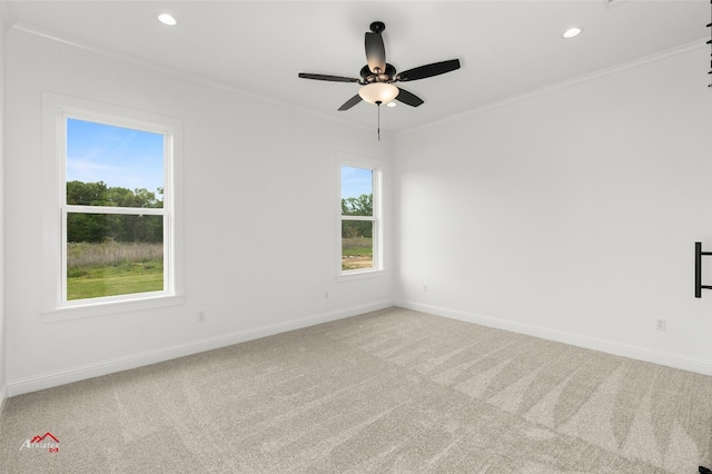 unfurnished room with plenty of natural light, light carpet, ceiling fan, and ornamental molding