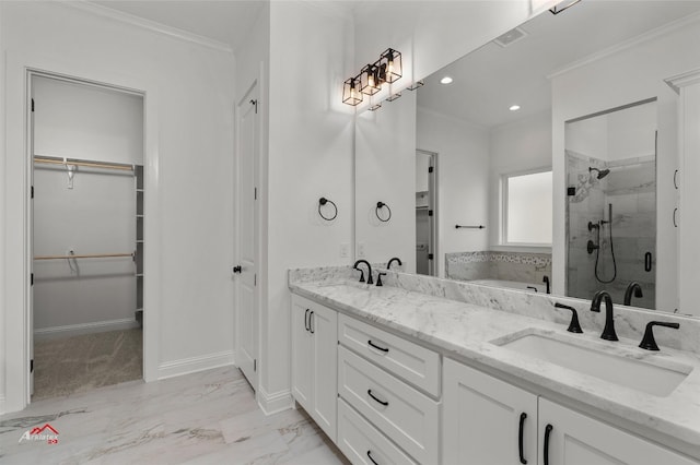 bathroom with tile floors, a shower with door, ornamental molding, and double vanity