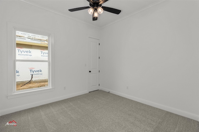 carpeted spare room with ceiling fan and crown molding