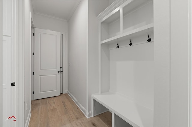 mudroom with light hardwood / wood-style flooring and ornamental molding