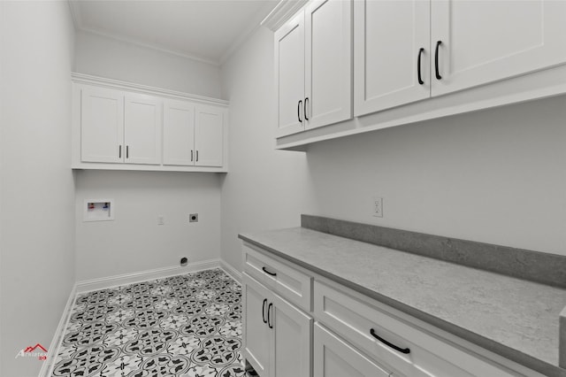 laundry room with light tile floors, electric dryer hookup, washer hookup, ornamental molding, and cabinets