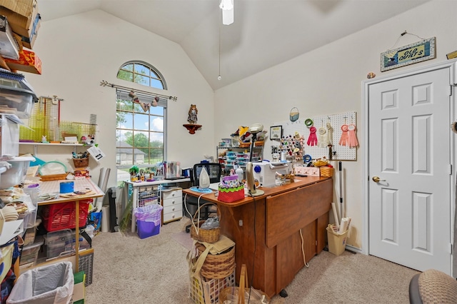 office featuring ceiling fan, lofted ceiling, and light carpet