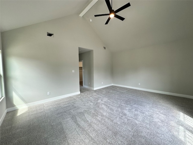 carpeted spare room featuring high vaulted ceiling, ceiling fan, and beamed ceiling