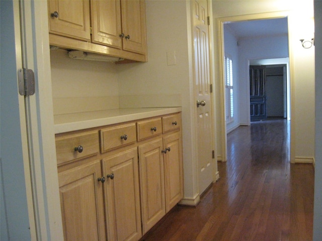 kitchen with dark wood-type flooring and light brown cabinetry