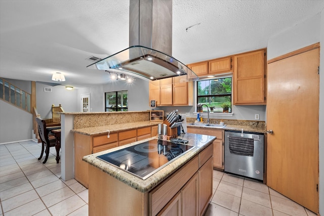 kitchen with a center island, island range hood, black electric cooktop, sink, and dishwasher