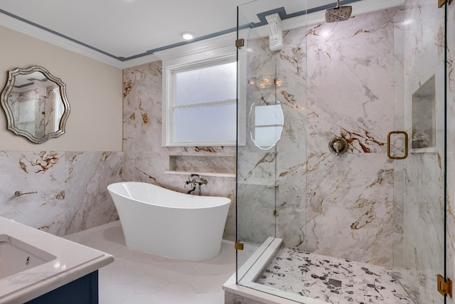 bathroom featuring vanity, ornamental molding, shower with separate bathtub, tile walls, and tile flooring