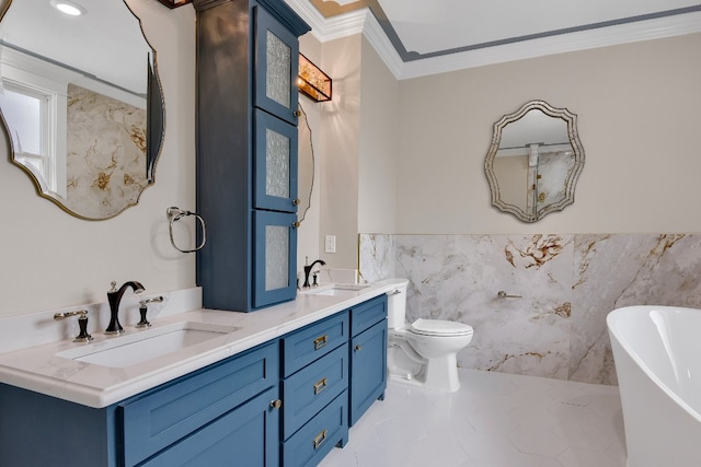 bathroom with tile walls, tile floors, dual bowl vanity, a bathing tub, and ornamental molding