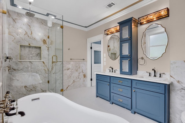 bathroom featuring oversized vanity, plus walk in shower, crown molding, dual sinks, and tile floors