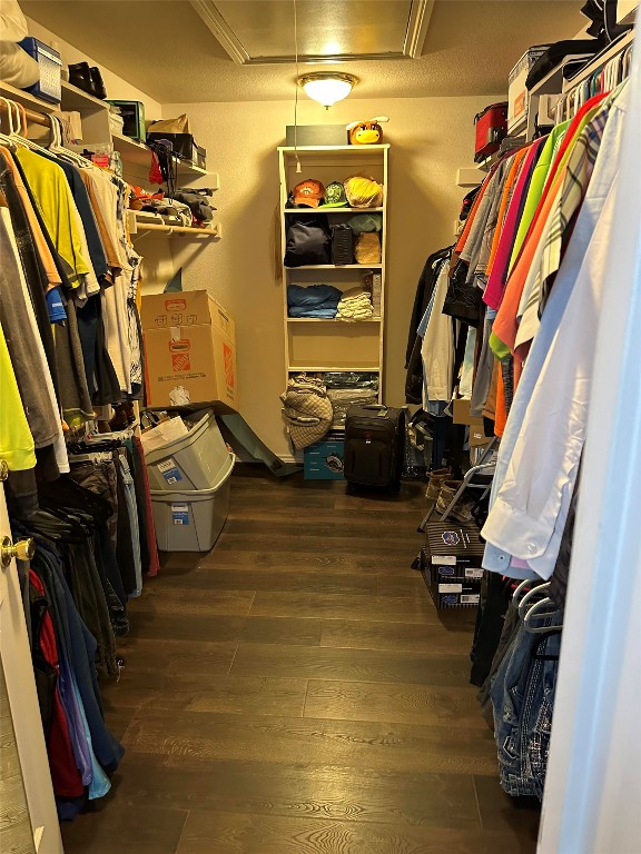 spacious closet featuring dark hardwood / wood-style flooring