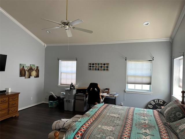 bedroom featuring crown molding, dark hardwood / wood-style floors, vaulted ceiling, and ceiling fan