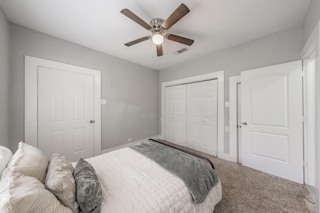 bedroom featuring ceiling fan and carpet floors