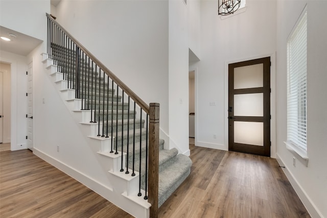 entrance foyer with a wealth of natural light, hardwood / wood-style flooring, and a towering ceiling