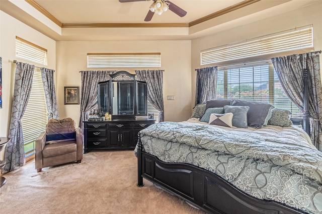 carpeted bedroom featuring ceiling fan, crown molding, and a raised ceiling