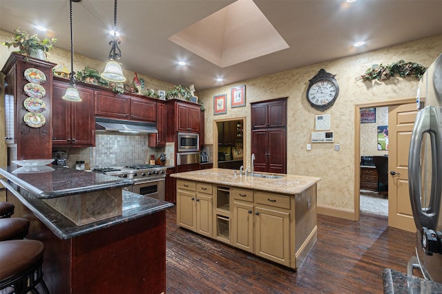 kitchen with appliances with stainless steel finishes, sink, backsplash, dark hardwood / wood-style floors, and a center island with sink