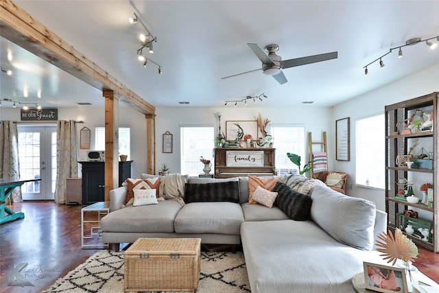 living room with a wealth of natural light, ceiling fan, and rail lighting