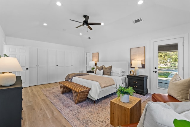 bedroom with access to outside, ceiling fan, light hardwood / wood-style flooring, and lofted ceiling