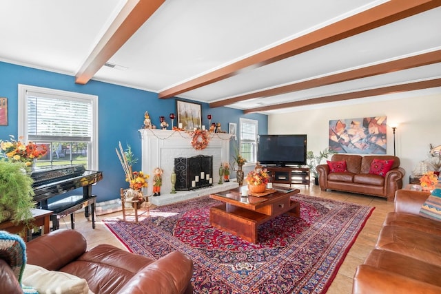 tiled living room featuring a brick fireplace and beam ceiling