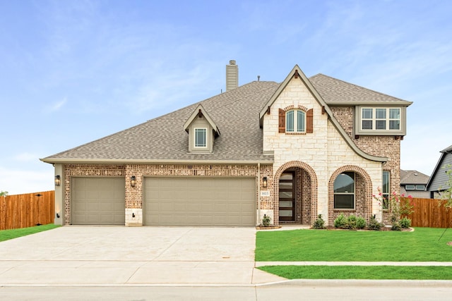 french country style house with brick siding, a front yard, fence, and roof with shingles