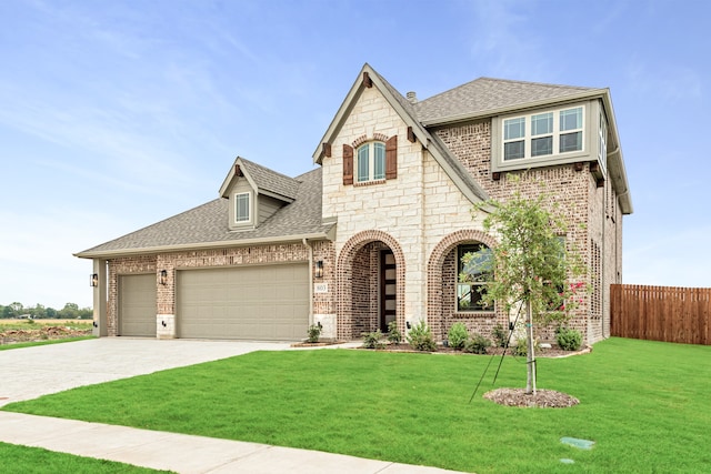 view of front of property featuring brick siding, a shingled roof, an attached garage, fence, and a front lawn