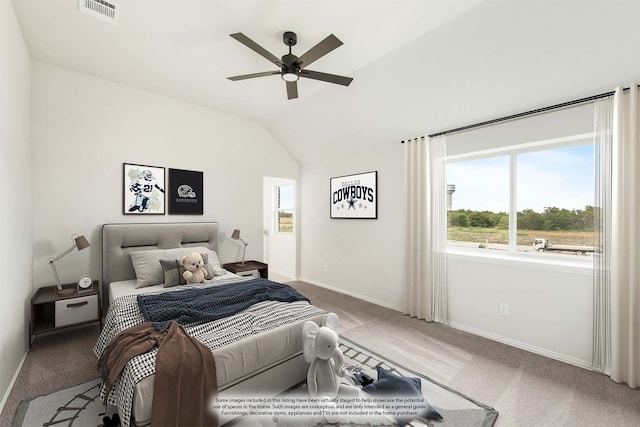 carpeted bedroom featuring lofted ceiling, a ceiling fan, visible vents, and baseboards