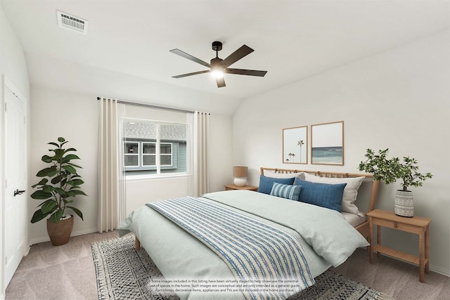 bedroom featuring light carpet, vaulted ceiling, visible vents, and baseboards