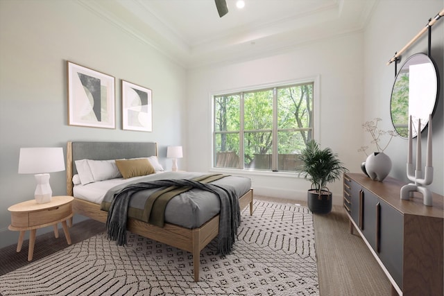 bedroom featuring ceiling fan, light carpet, and crown molding