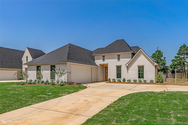 french provincial home featuring a garage and a front yard