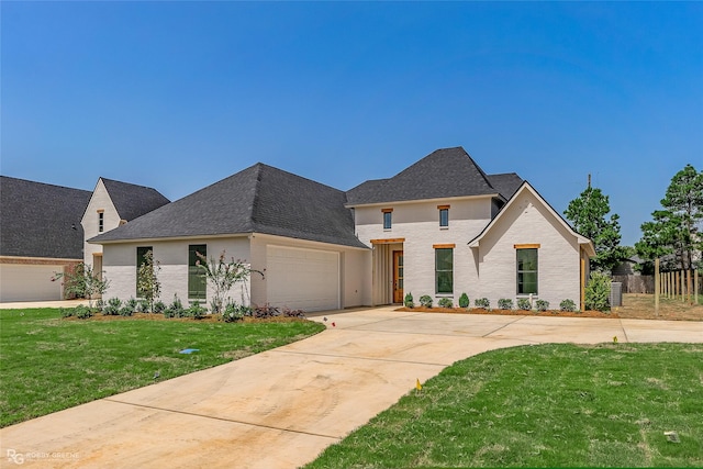 view of front of house featuring a shingled roof, a front yard, fence, a garage, and driveway