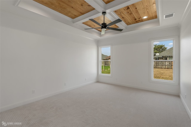 unfurnished room featuring carpet, wooden ceiling, ceiling fan, and coffered ceiling