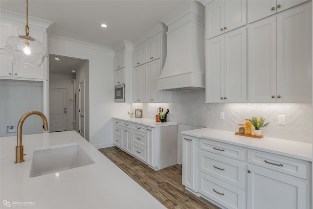 kitchen featuring sink, tasteful backsplash, premium range hood, and white cabinets