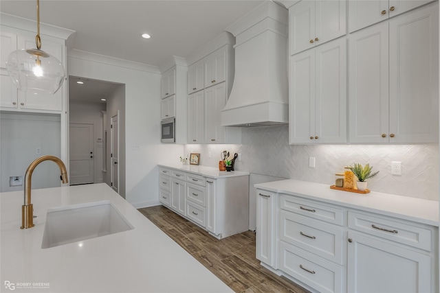 kitchen featuring premium range hood, dark wood-style flooring, a sink, and backsplash