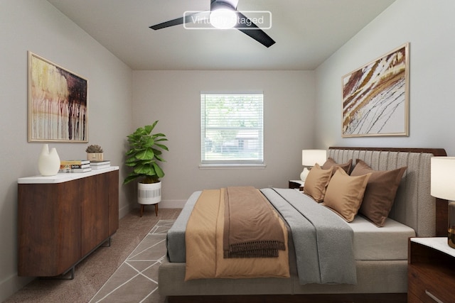 carpeted bedroom with ceiling fan