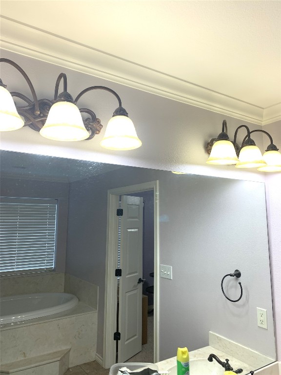 bathroom featuring vanity, ornamental molding, and a tub