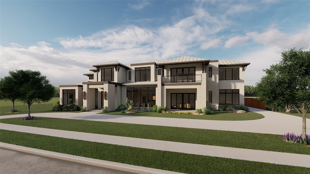 view of front of home featuring a balcony and a front lawn