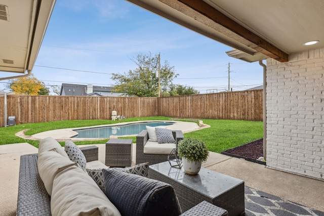 view of patio / terrace with an outdoor hangout area and a fenced in pool