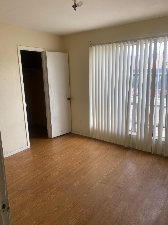 unfurnished bedroom with multiple windows, a closet, a walk in closet, and light wood-type flooring