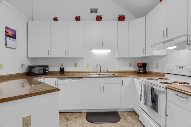 kitchen with white cabinets, custom range hood, light tile floors, white appliances, and sink