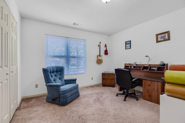 office area featuring light colored carpet