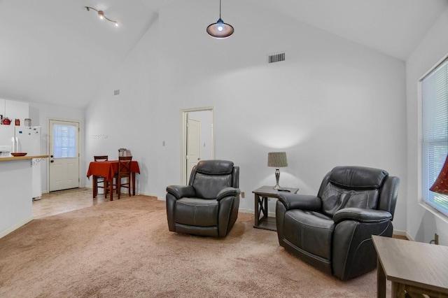 living area with light carpet and high vaulted ceiling