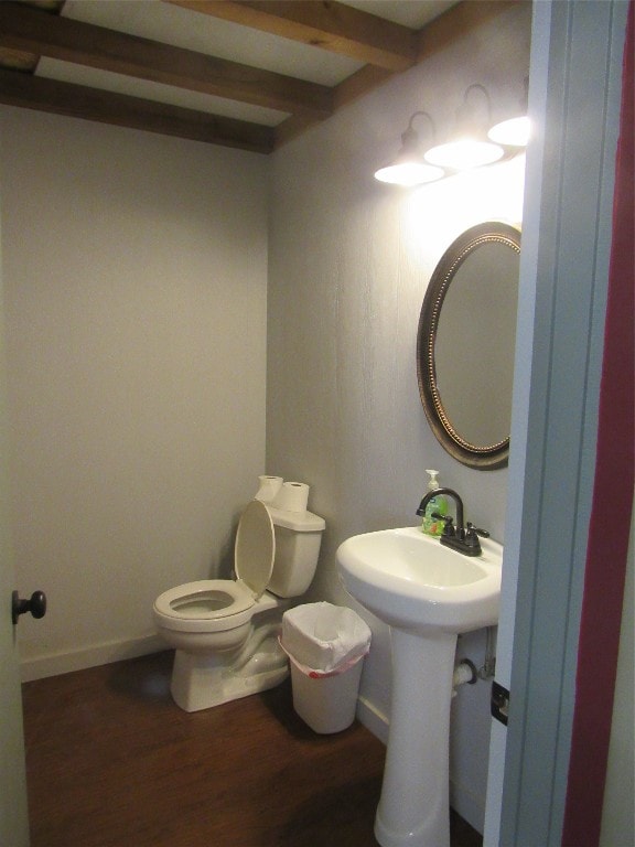 bathroom with toilet and hardwood / wood-style flooring