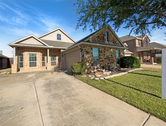 craftsman inspired home with a front yard and a garage