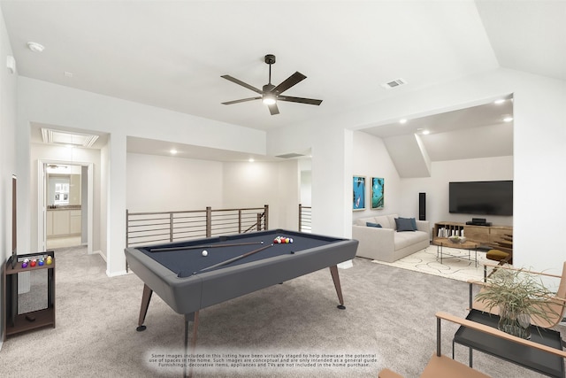 playroom featuring ceiling fan, light colored carpet, lofted ceiling, and pool table