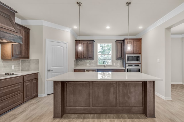 kitchen featuring decorative backsplash, premium range hood, stainless steel appliances, and light hardwood / wood-style floors