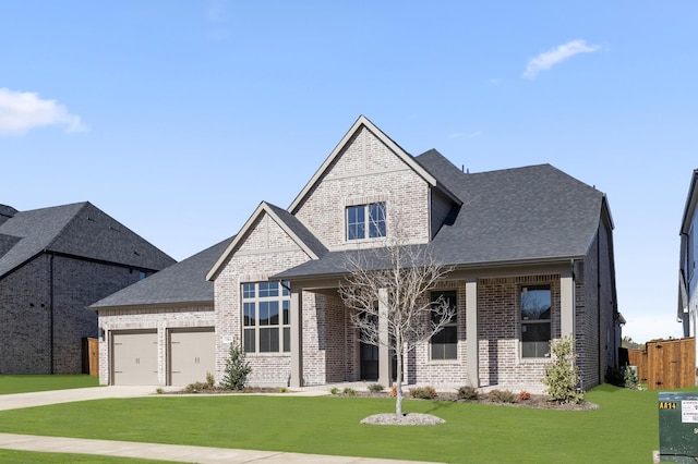 craftsman house featuring a front yard and a garage